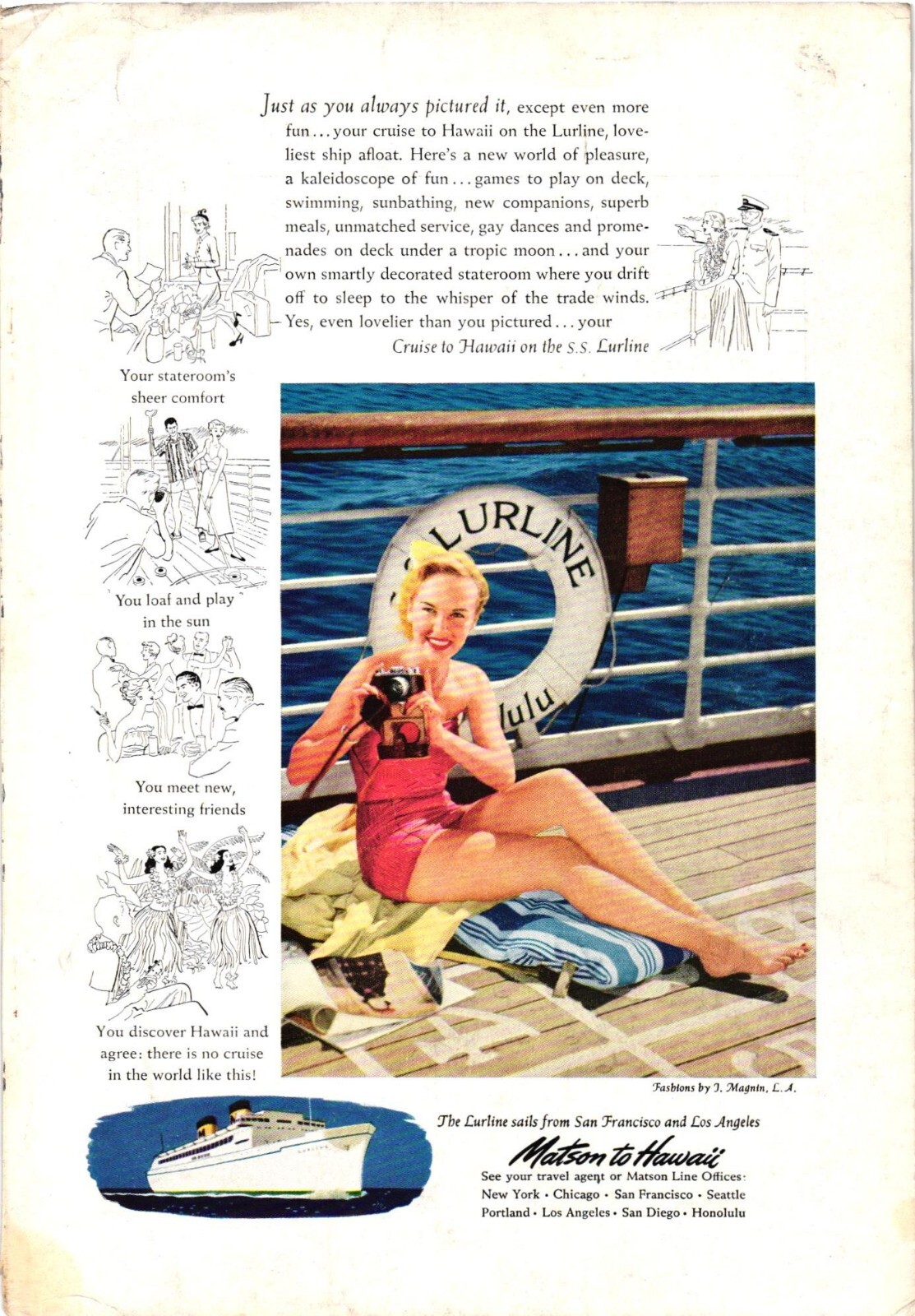 Print Ad Matson Cruise Lines Travel Hawaii Pretty Woman Photograph c1951