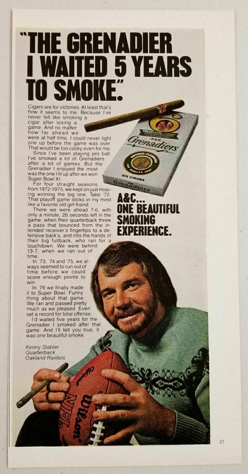 1978 Print Ad A&C Grenadiers Cigars Kenny Stabler Oakland Raiders Quarterback
