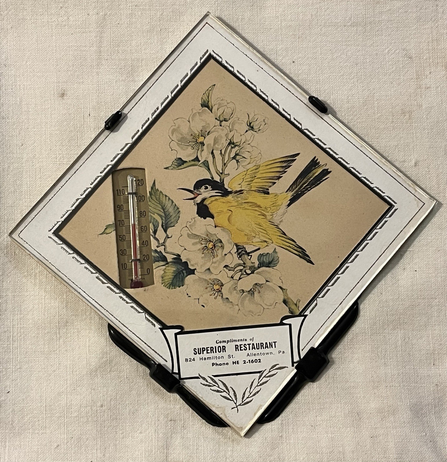 Vtg Advertising Thermometer Framed Picture Bird Restaurant Allentown PA