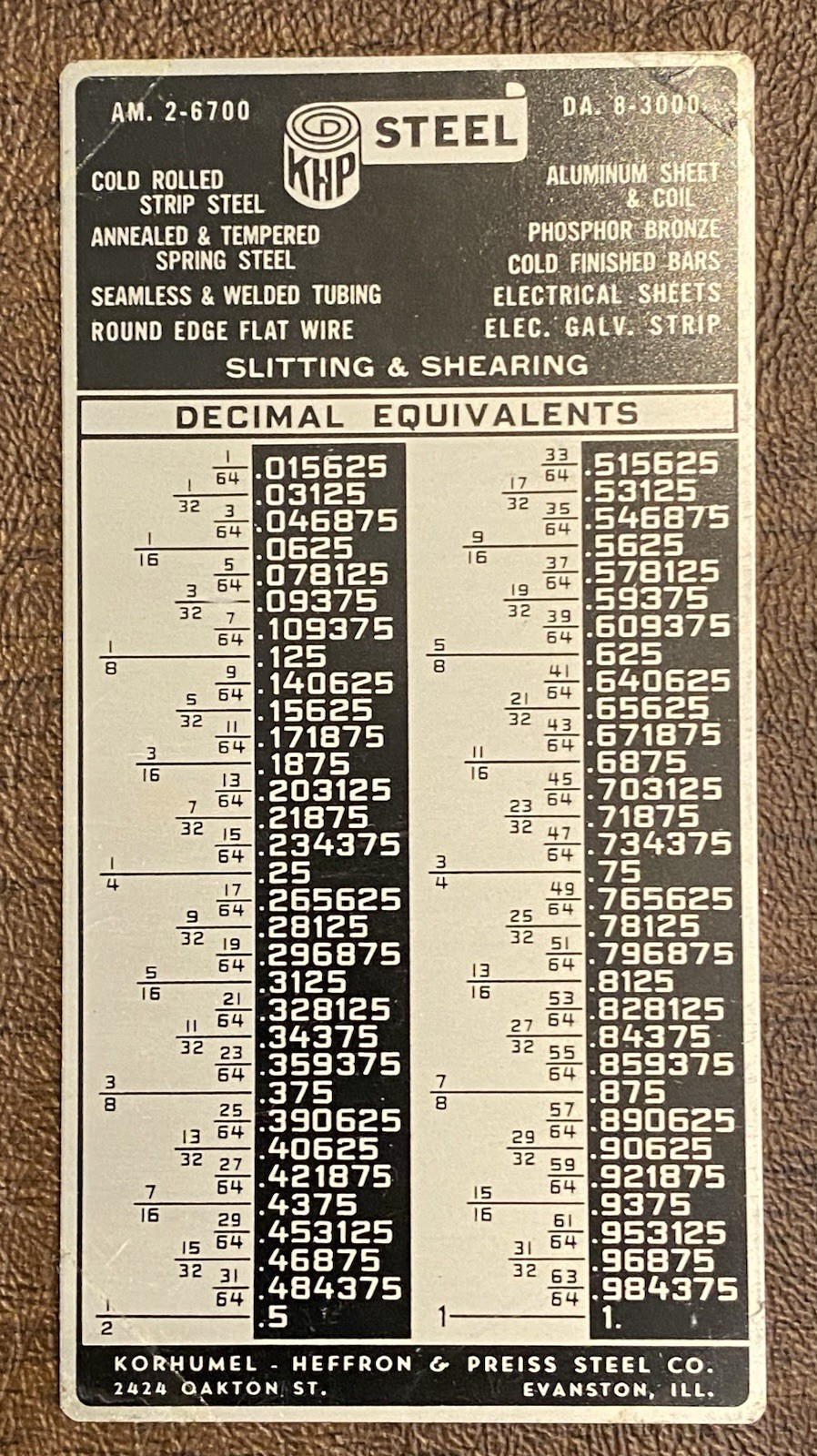 KHP Steel Decimal Equivalents Tag Sign —Korhumel Heffron & Preiss Evanston IL