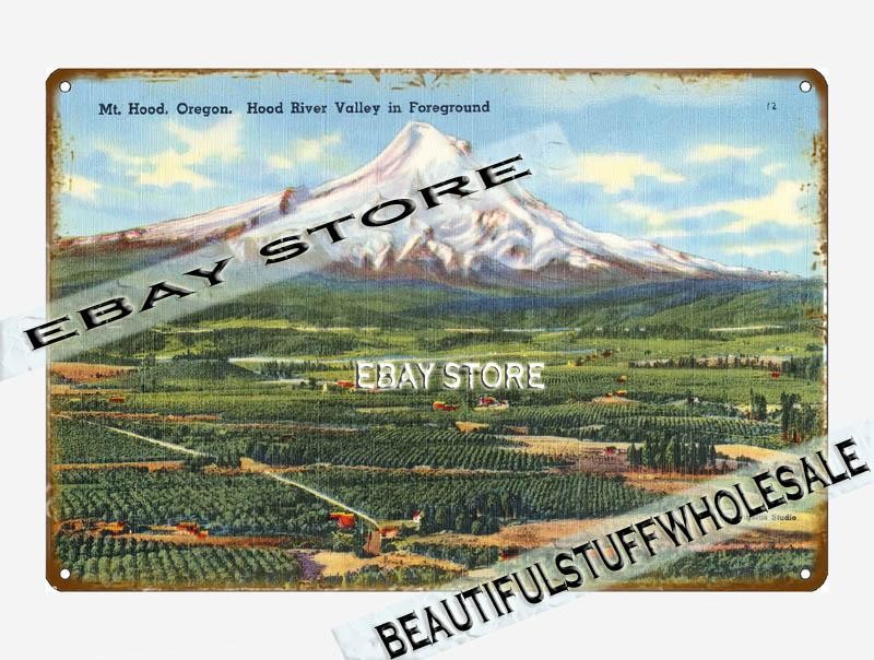 1930-45 Mt. Hood, Oregon. Hood River Valley foreground tin sign home furnishings