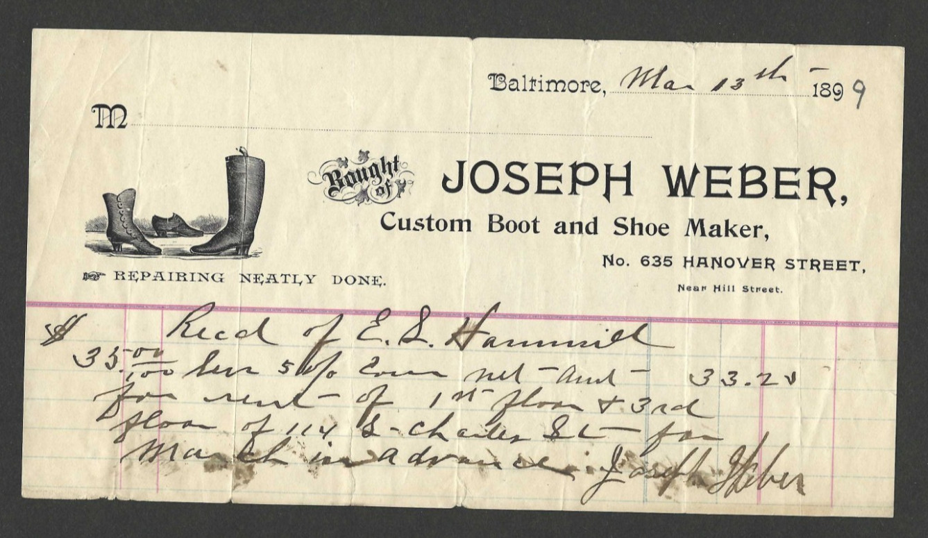 1899 Invoice Joseph Weber Custom Boot & Shoe Maker Baltimore MD