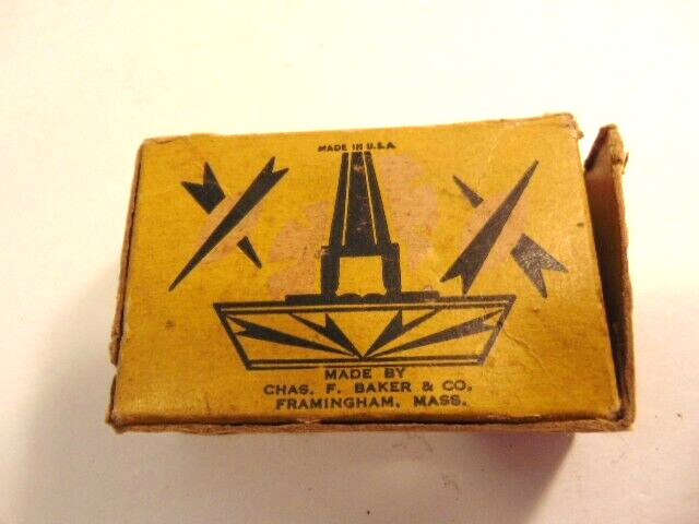 small vintage empty cardboard Household Nail Box; Chas. Baker, Framingham, MA