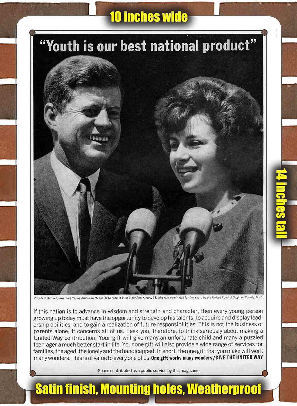 Metal Sign – 1963 John F Kennedy Salutes Youth United Way- 10×14 inches