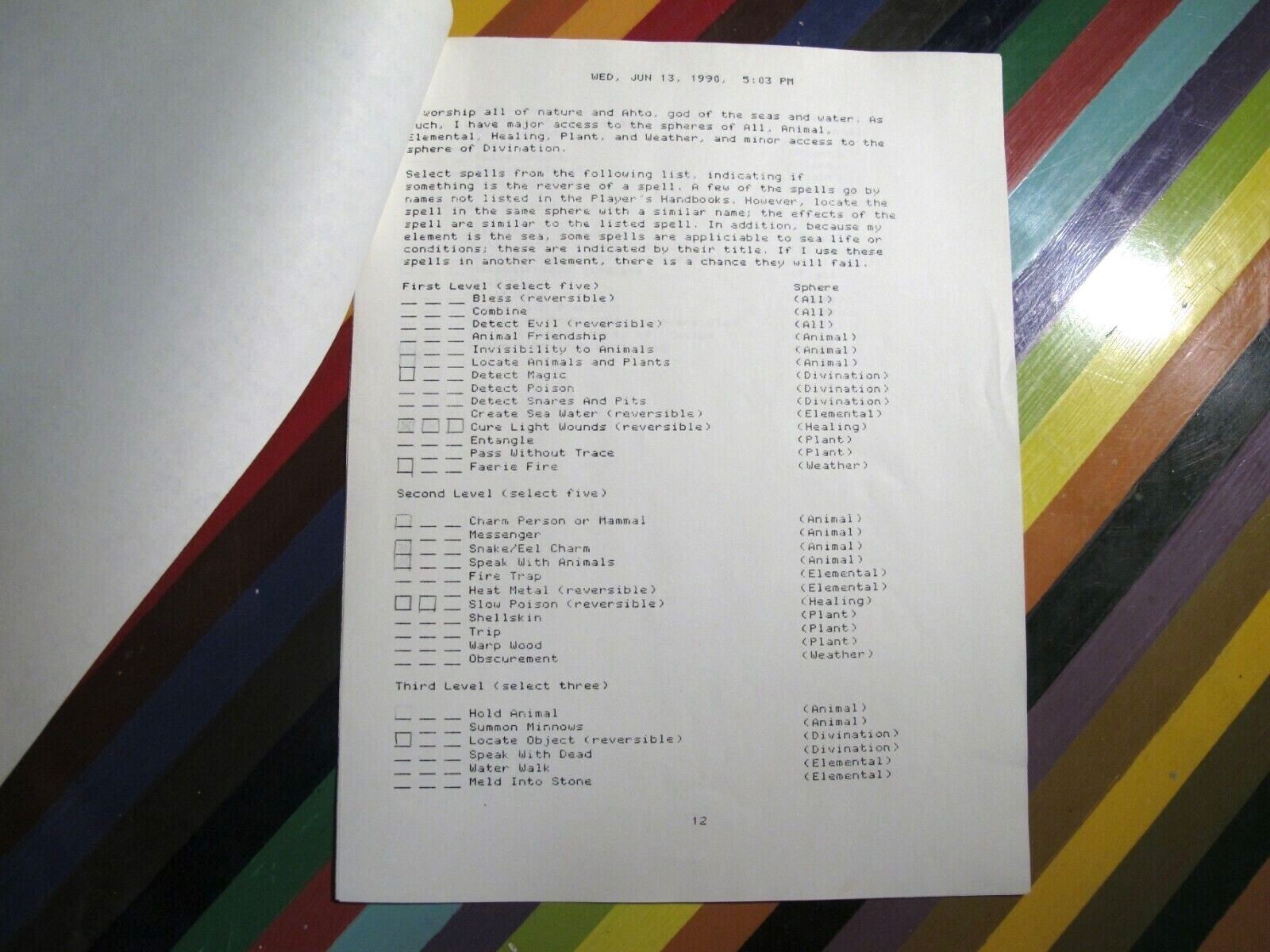 vtg 1980s RPG Wargame Convention D&D Printout Character Profile Triton Druidess