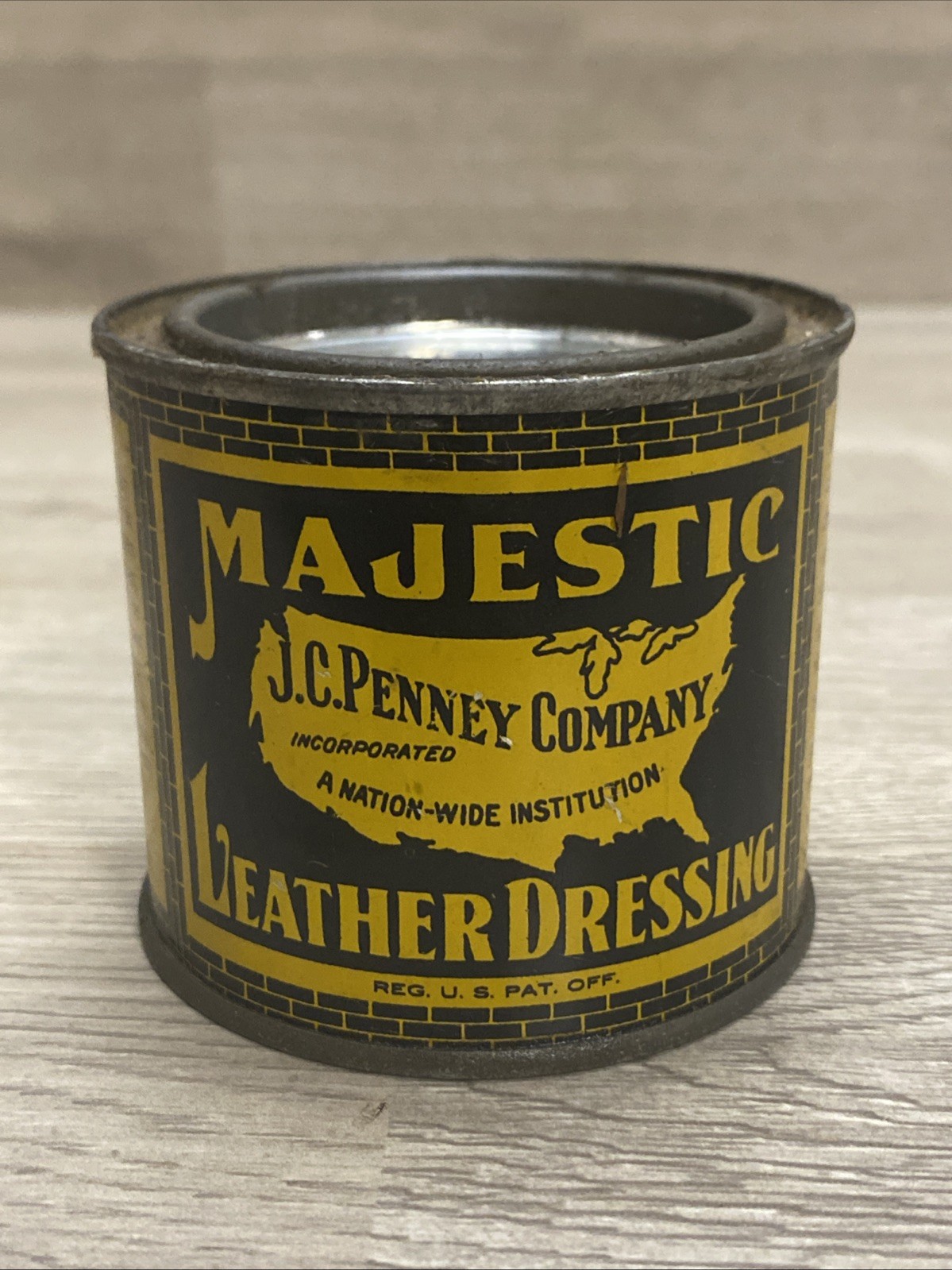 VINTAGE ADVERTISING TIN-J.C. PENNEY CO-MAJESTIC LEATHER DRESSING-SHOE GREASE-CAN