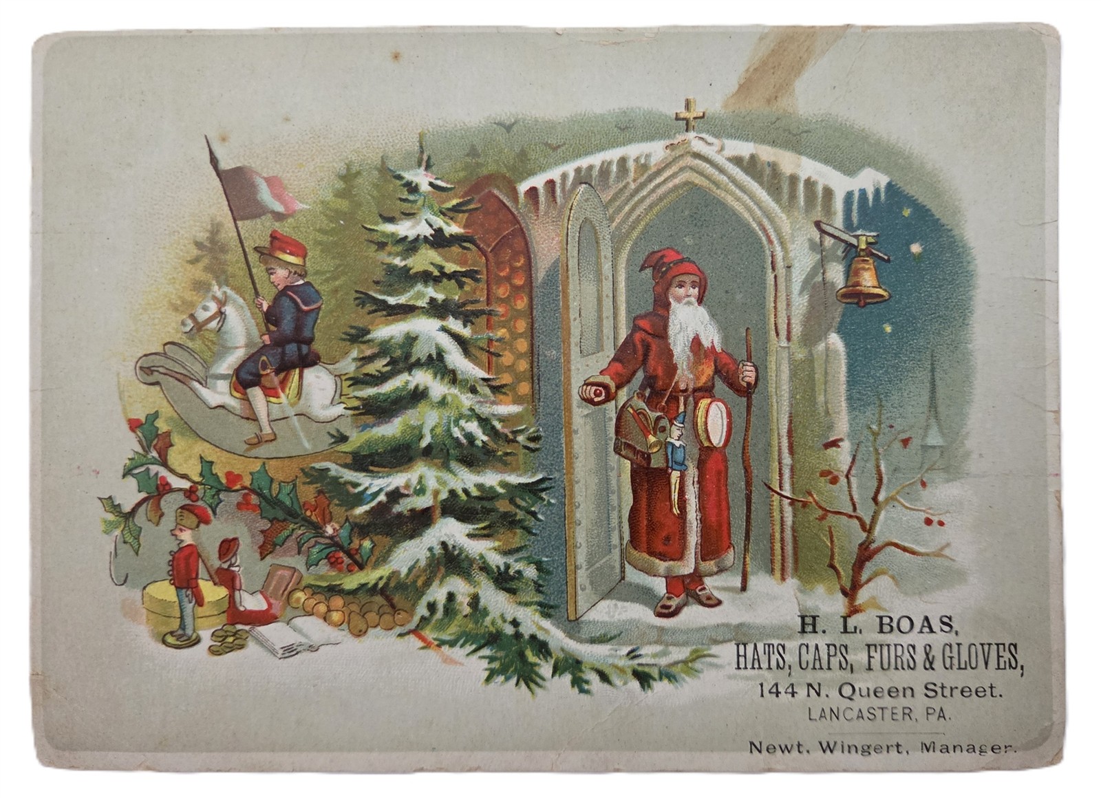 c1885 antique H BOAS lancaster pa HATS FURS GLOVES santa christmas AD trade card