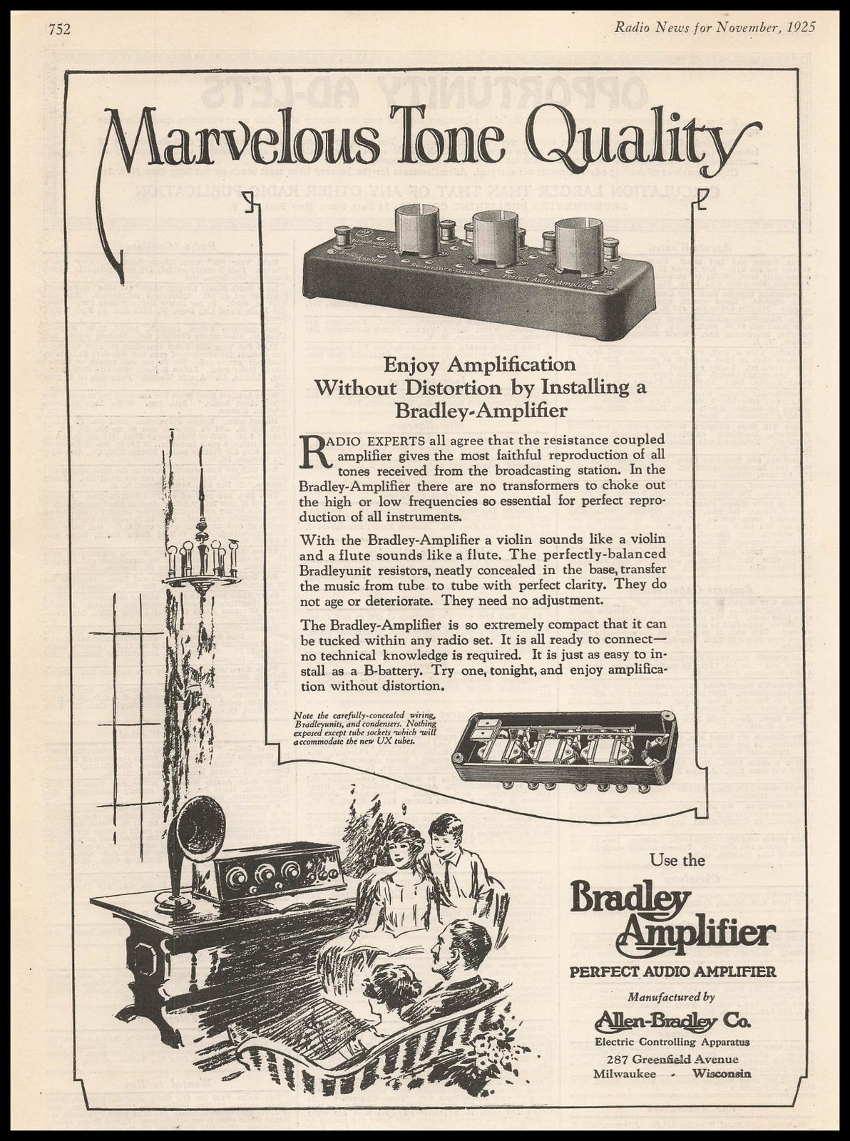 1925 Allen Bradley Milwaukee Audio Amplifier With UX Radio Tube Vintage Print Ad