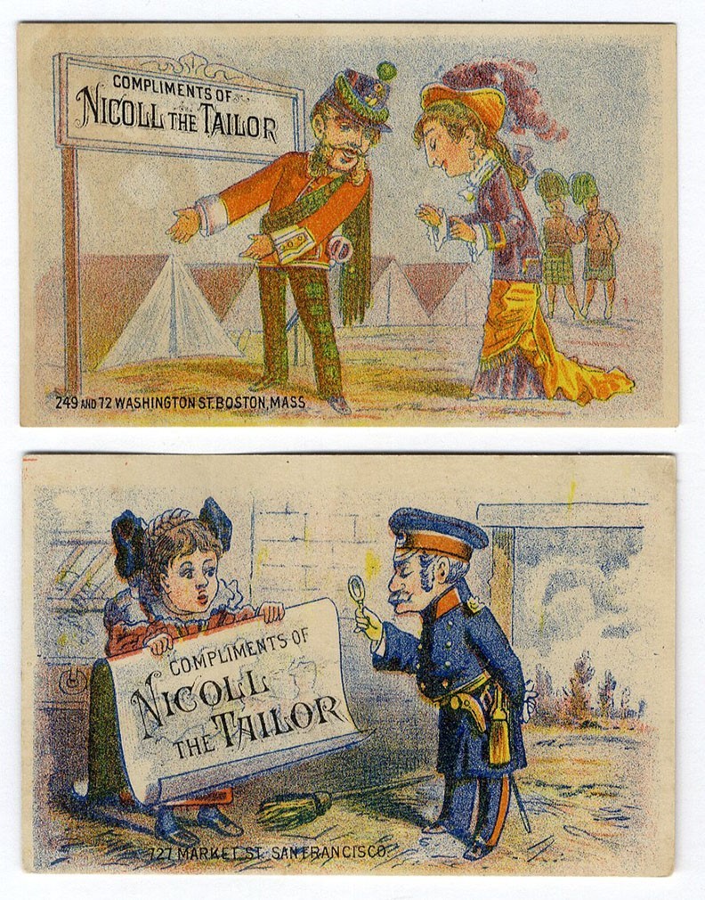 NICOLL THE TAILOR 2 Victorian Trade Cards SAN FRANCISCO & NY 1880’s