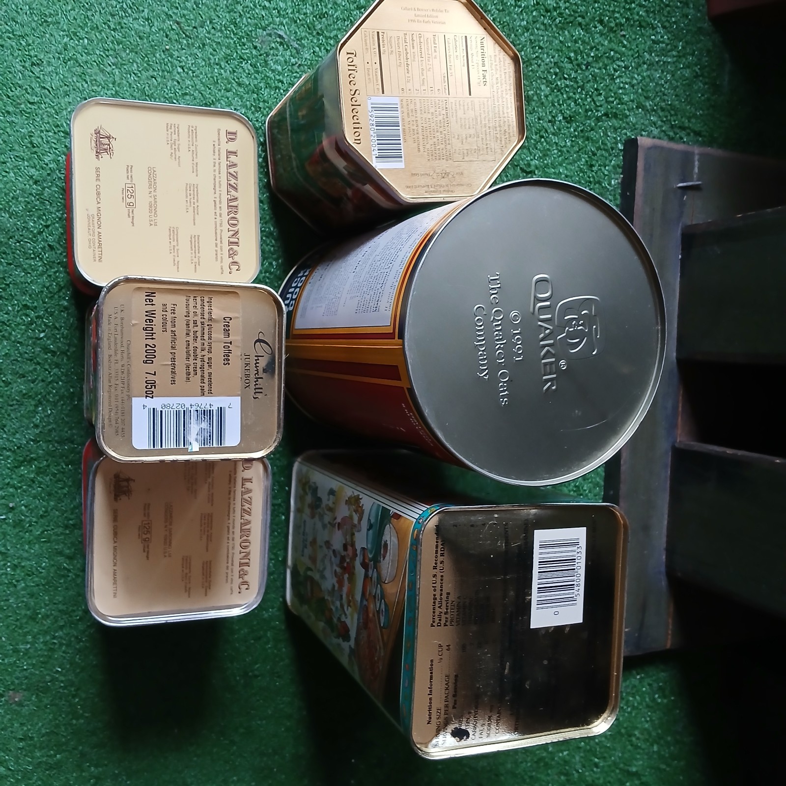 VTG LOT OF 6 EMPTY TIN CANS,QUAKER OATS,UNCLE BENS &MORE IUC