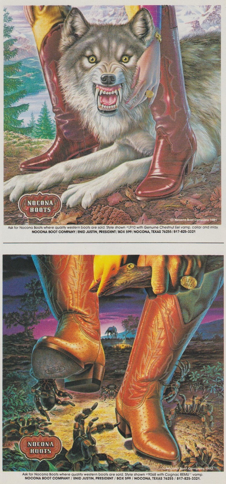 1982 Nocona Boots – Wolf Caught / Tarantula Step On Spider – 2 Ads Print Ad Art