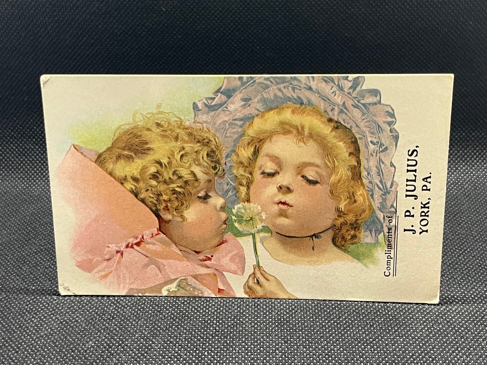 TRADE CARD LECKERLING PIANO J P JULIUS YORK, PA LITTLE GIRLS BLOWING DANDELION
