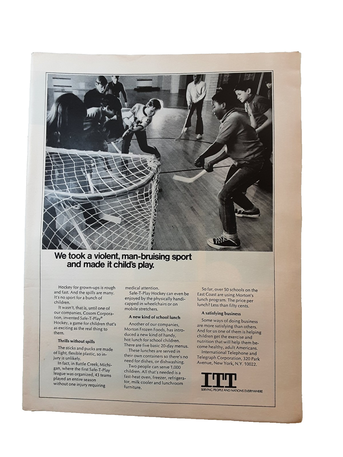 1972 ITT Kids Playing Safe-T-Play Hockey School Gym Original Print Ad