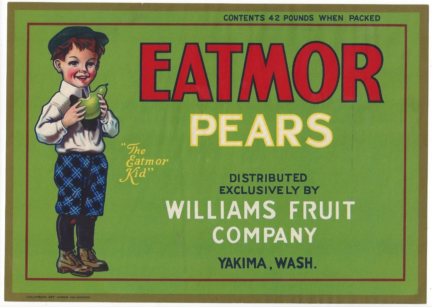 Original EATMOR pear crate label Yakima Wash Williams Fruit kid plaid knickers