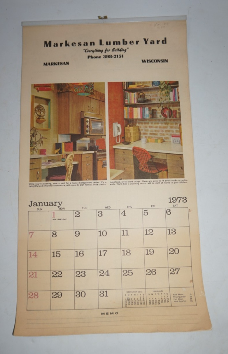 Vintage 1973 Markesan Wisconsin Lumber Yard Wall Calendar Home Plans Housing