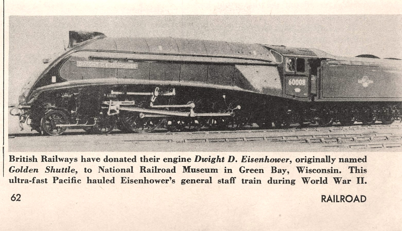 British Rwy Eisenhower #60008 Steam Locomotive Green Bay WI 5.25 x 3 Mag Cut Out