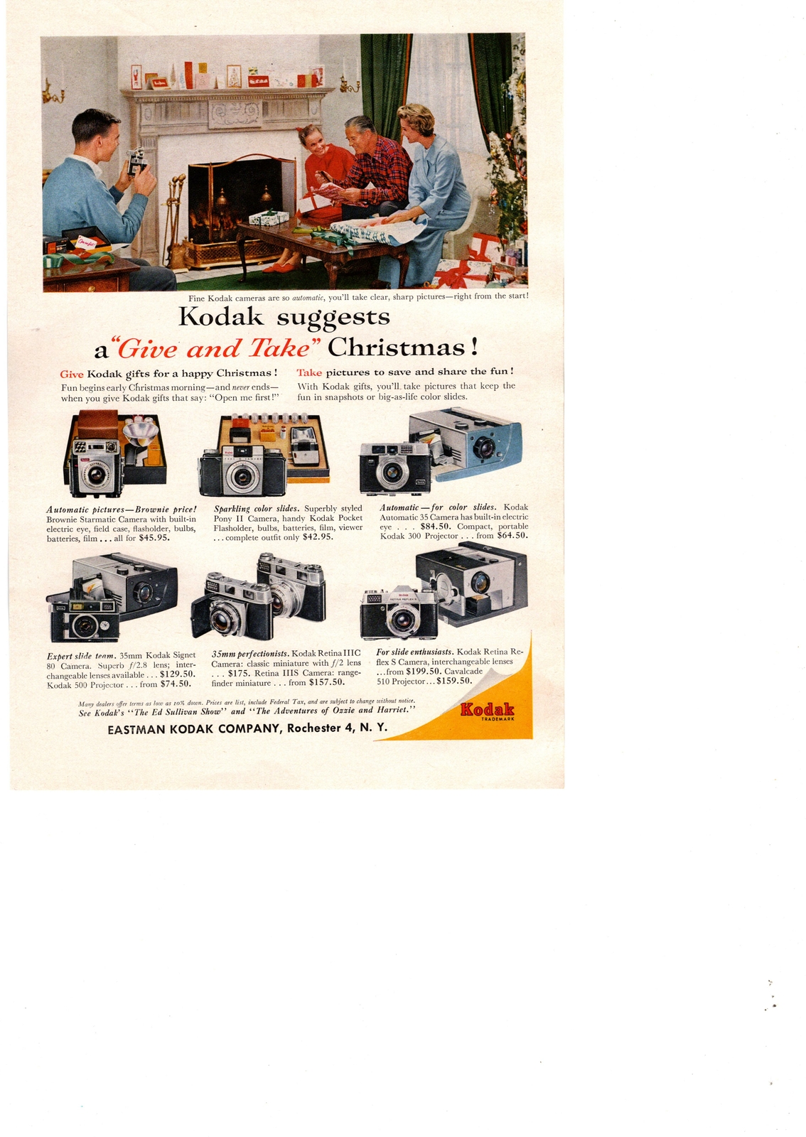 1959 Eastman Kodak Cameras Christmas Day Presents Fireplace Family Tree Print Ad