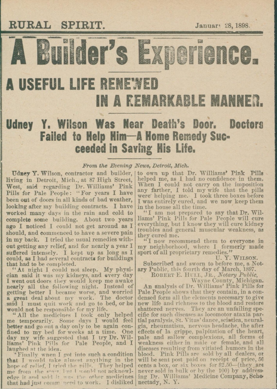 1898 Dr Williams Medicine Schenectady NY Home Remedy Saves Builder’s Life RS1
