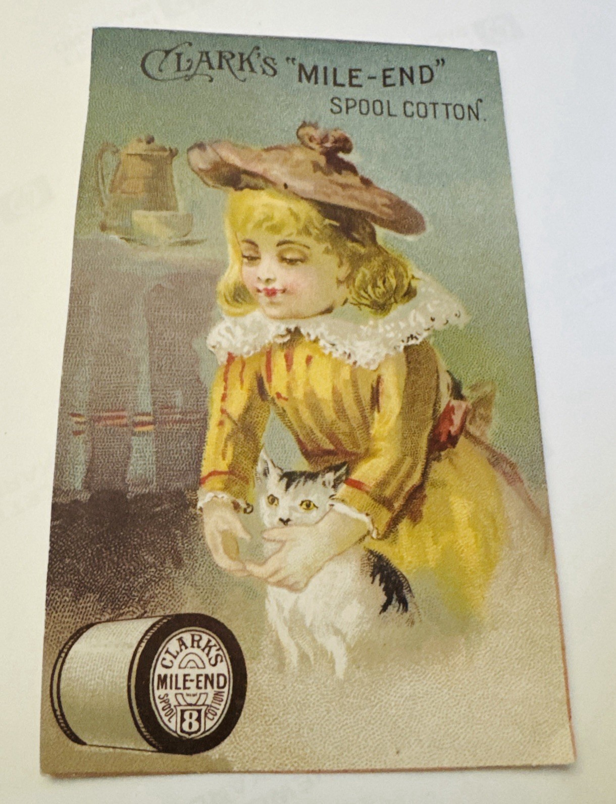 Clarks Thread Girl Cat Coffee Pot Mile End Spool Cotton Trade Card VTC 1887 Nice