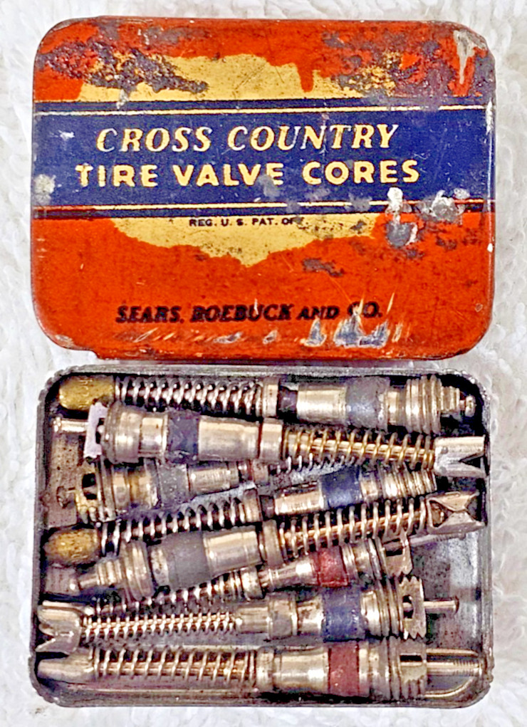 VTG Sears Cross Country Tire Valve Core Tin 8 Cores 1940s Auto Parts Advertising