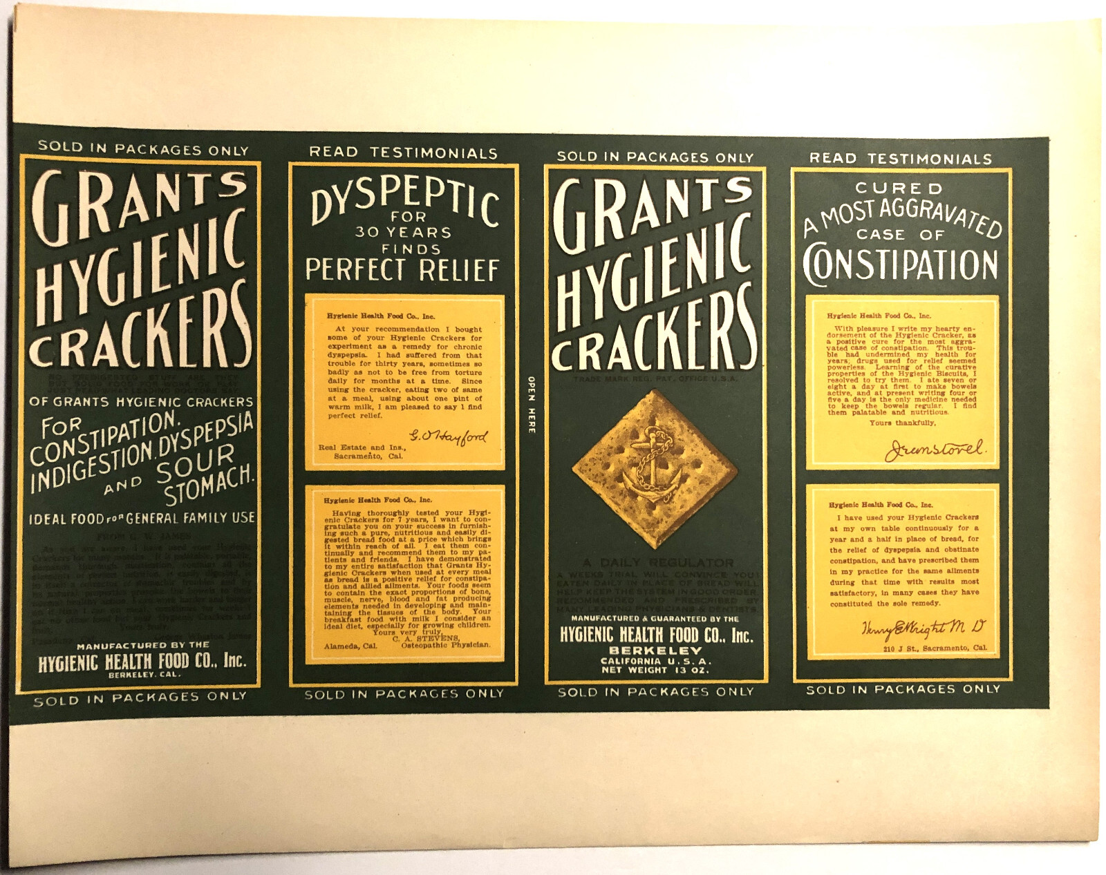 GENERAL STORE BOX LABEL VINTAGE QUACK MEDICINE GRANTS HYGIENIC CRACKERS BERKELEY