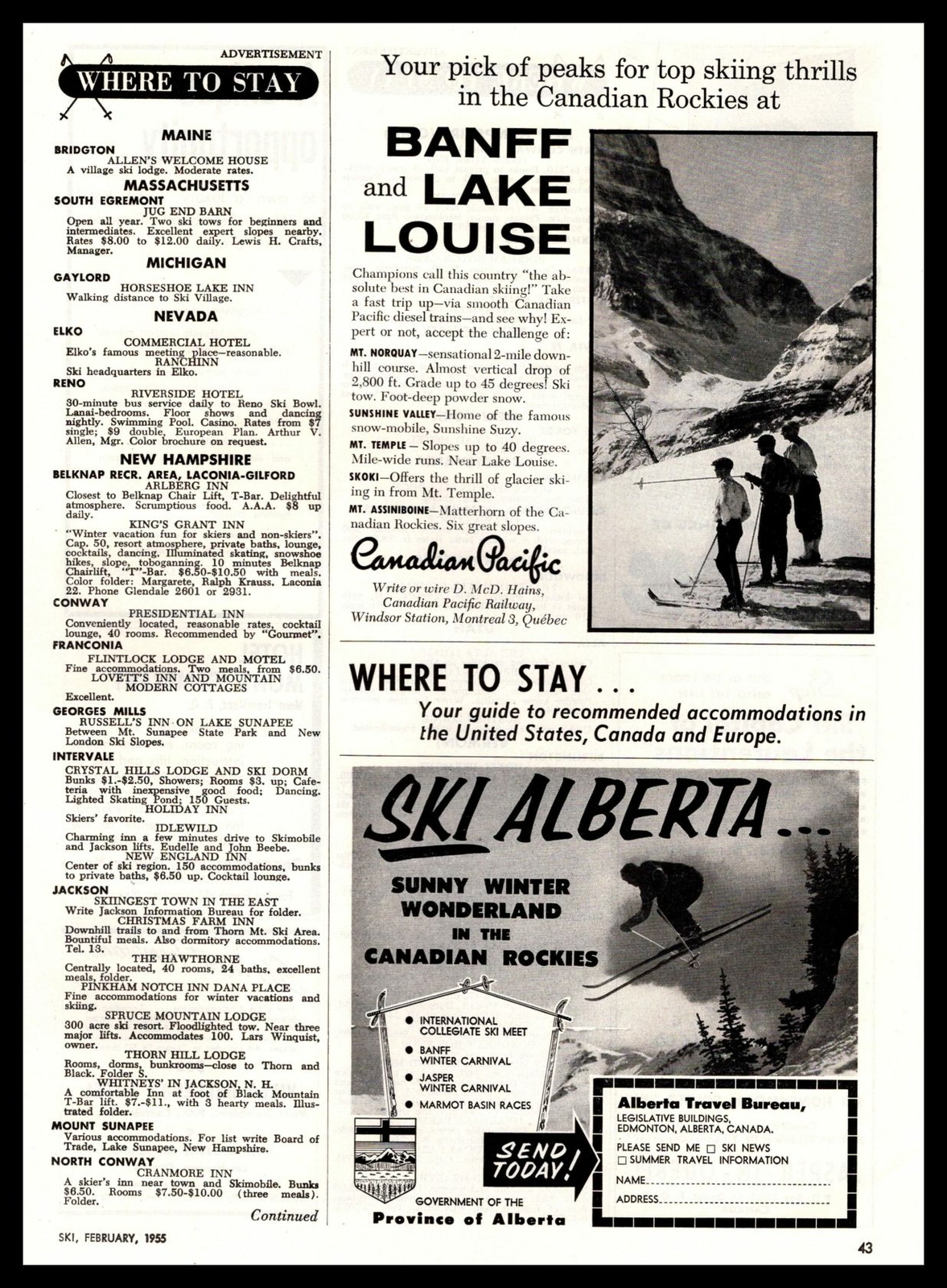 1954 Lake Louise Banff Canadian Pacific Railway And Ski Alberta Canada Print Ad