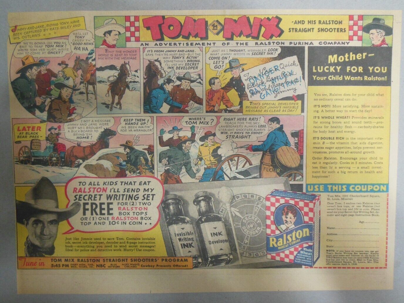 Ralston Cereal Ad: Tom Mix “Secret Writing Set” Premium 1938 Size:11 x 15 inches