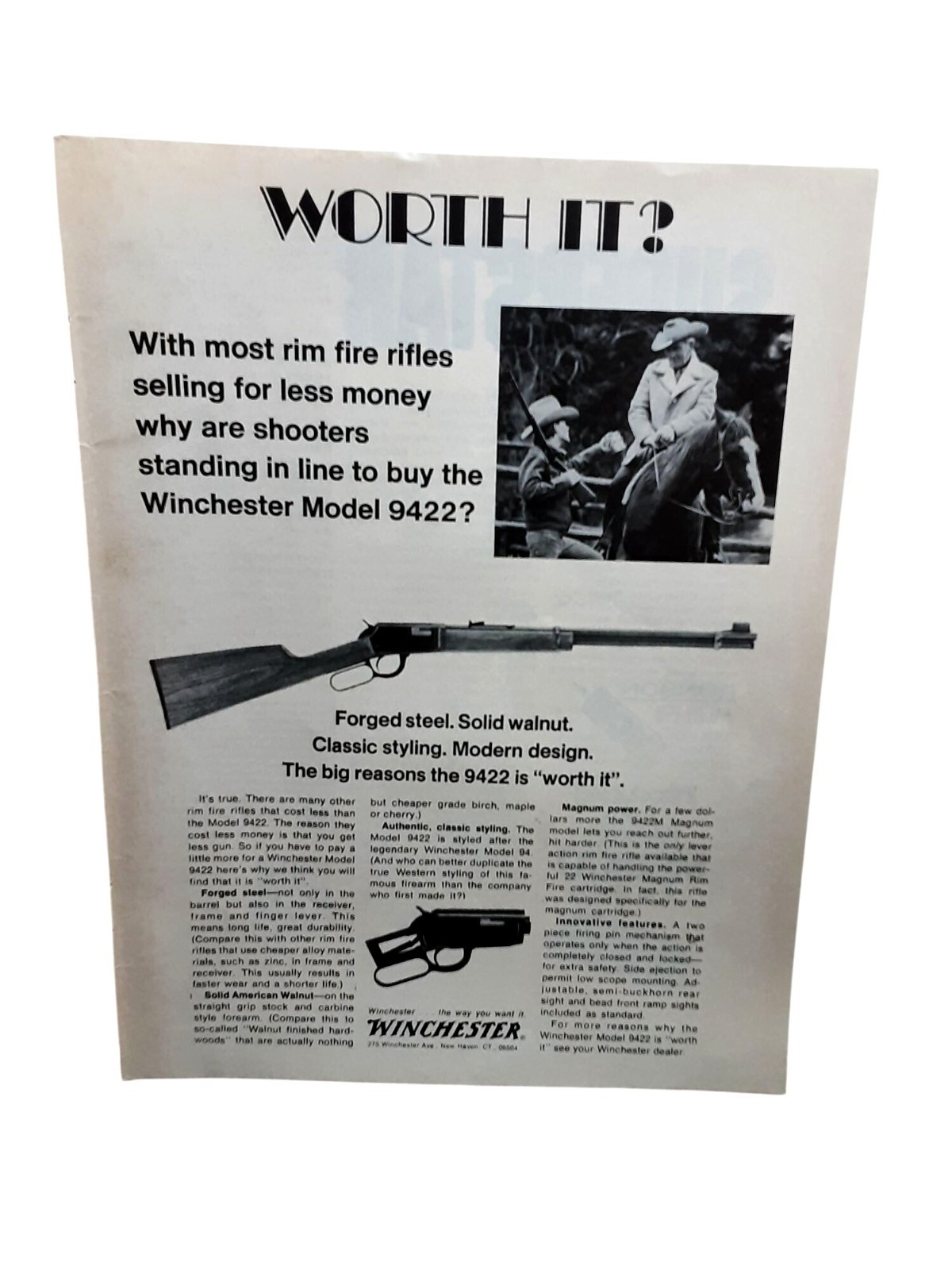 1975 Winchester Model 9422 Rifle Vintage Print Ad Lever Action Rimfire Western
