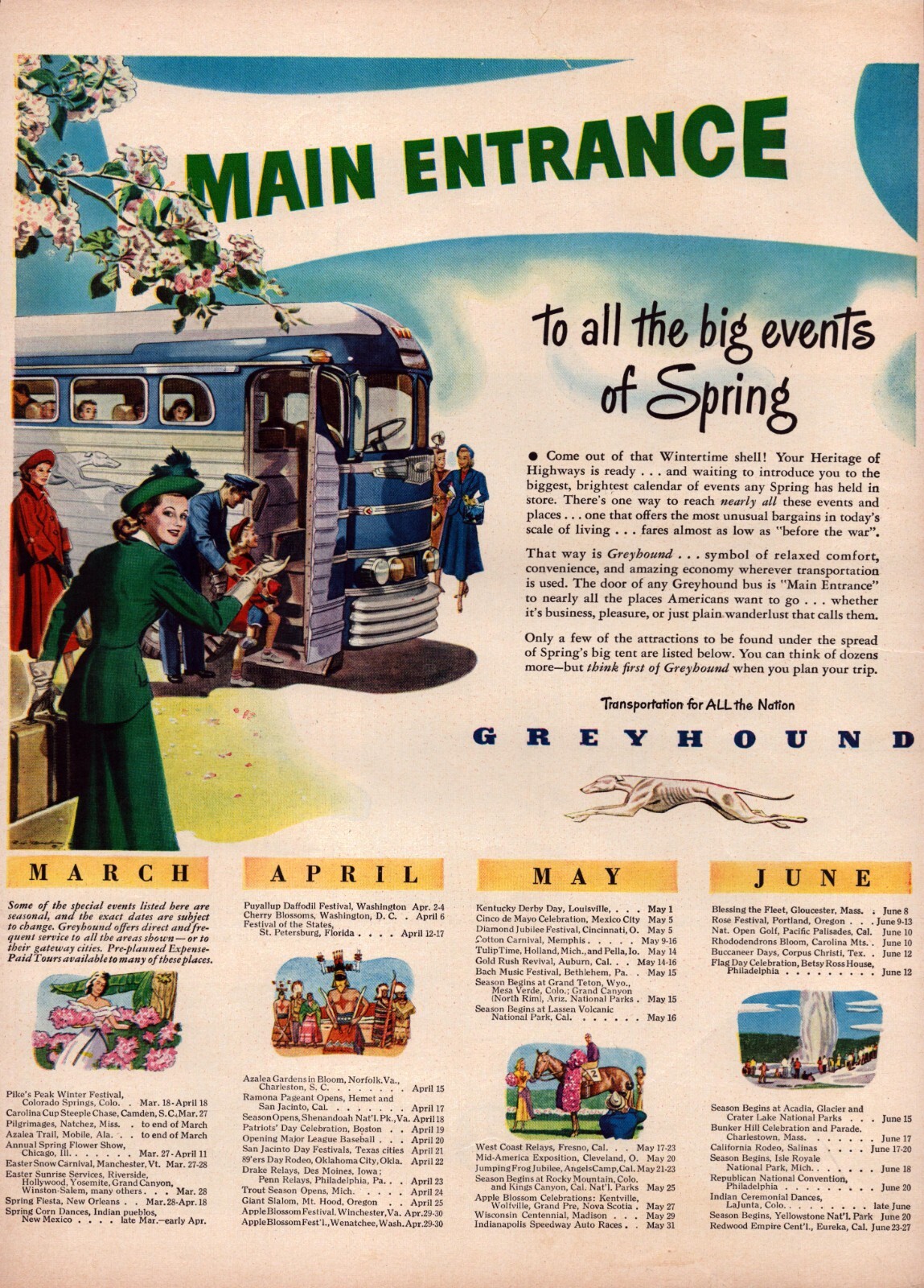 1948 Greyhound Bus Spring Events Calendar March April May June Vintage Print Ad