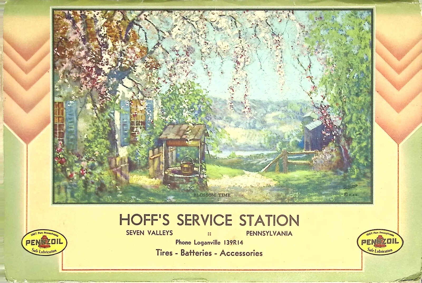1937 Pennzoil Hoff’s Service Station Calendar Seven Valleys PA Blossom Time Art