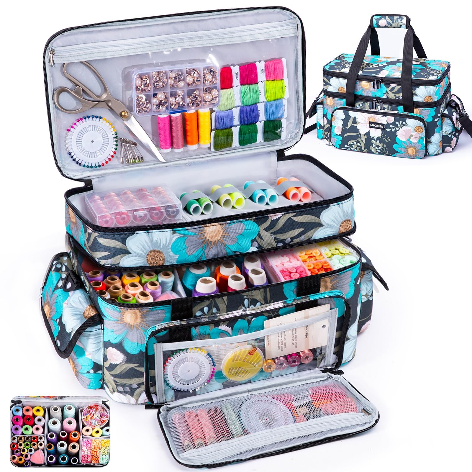 AMOIGEE 15″ Double-Layer Sewing Storage Bag w/ Detachable Dividers
