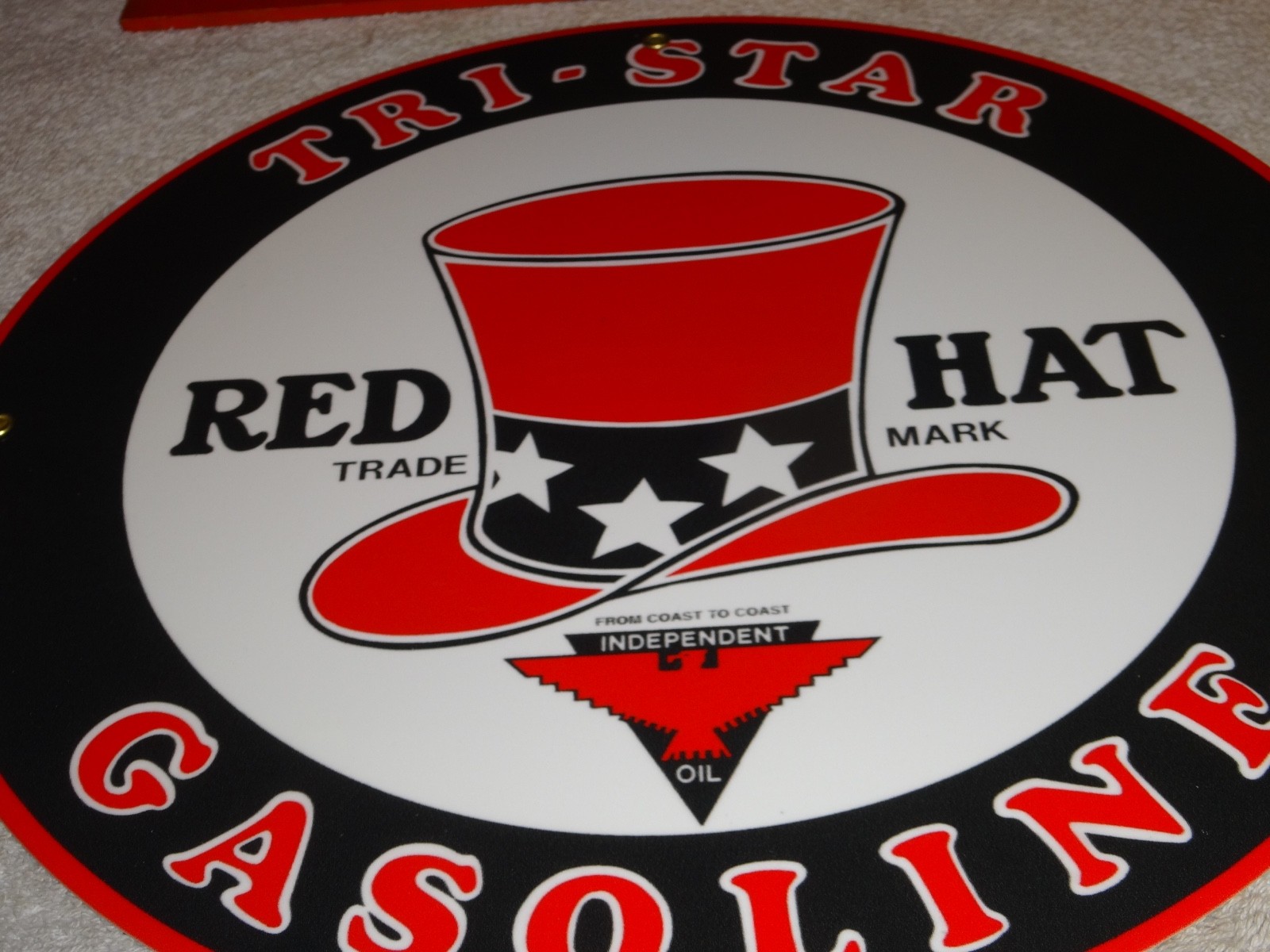 VINTAGE RED HAT TRI-STAR⛽️ GASOLINE 11 3/4″ PORCELAIN METAL INDEPENDENT OIL SIGN