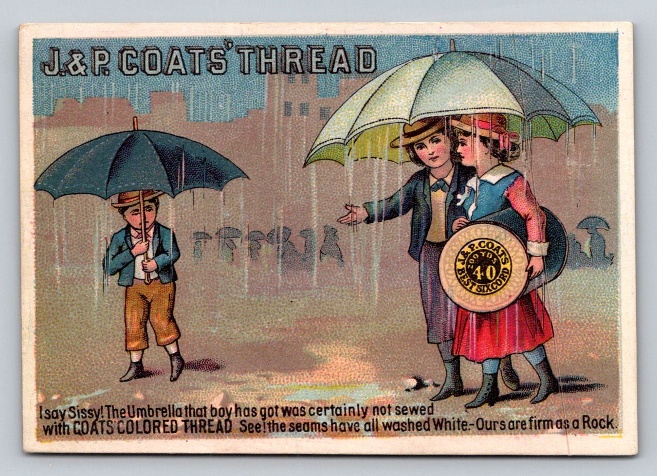 J nP Coats Thread People Umbrellas Rain Trade Card P916