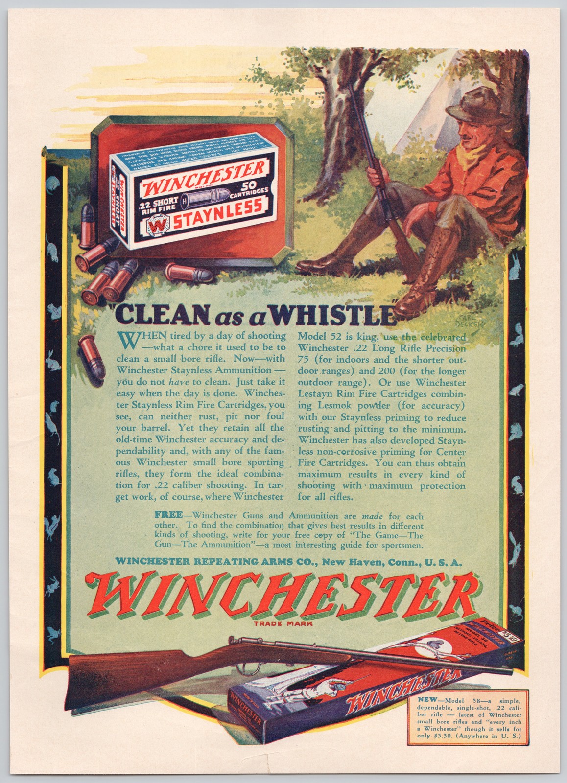 Winchester 22 Ammo Staynless Rim Fire Rifle New Haven 1928 Print Ad