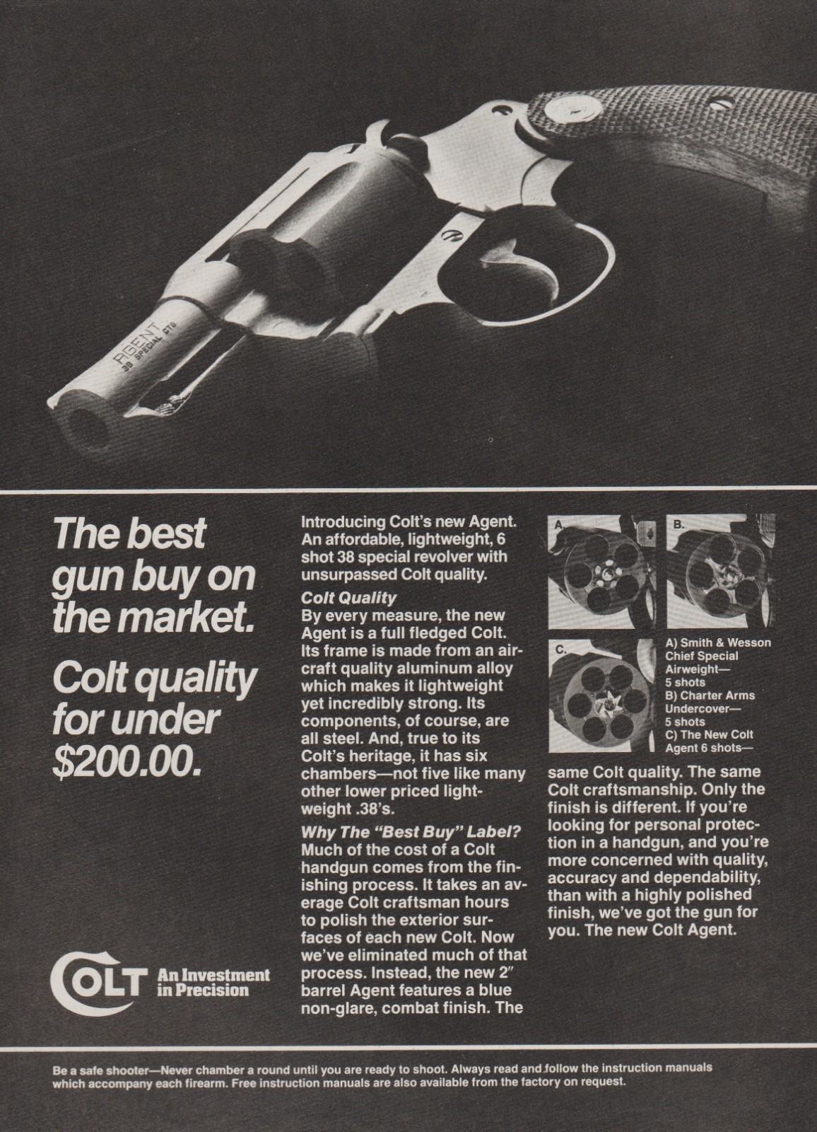 1983 Colt Firearms – Agent 38 Special Revolver Pistol – Magazine Print Ad Photo