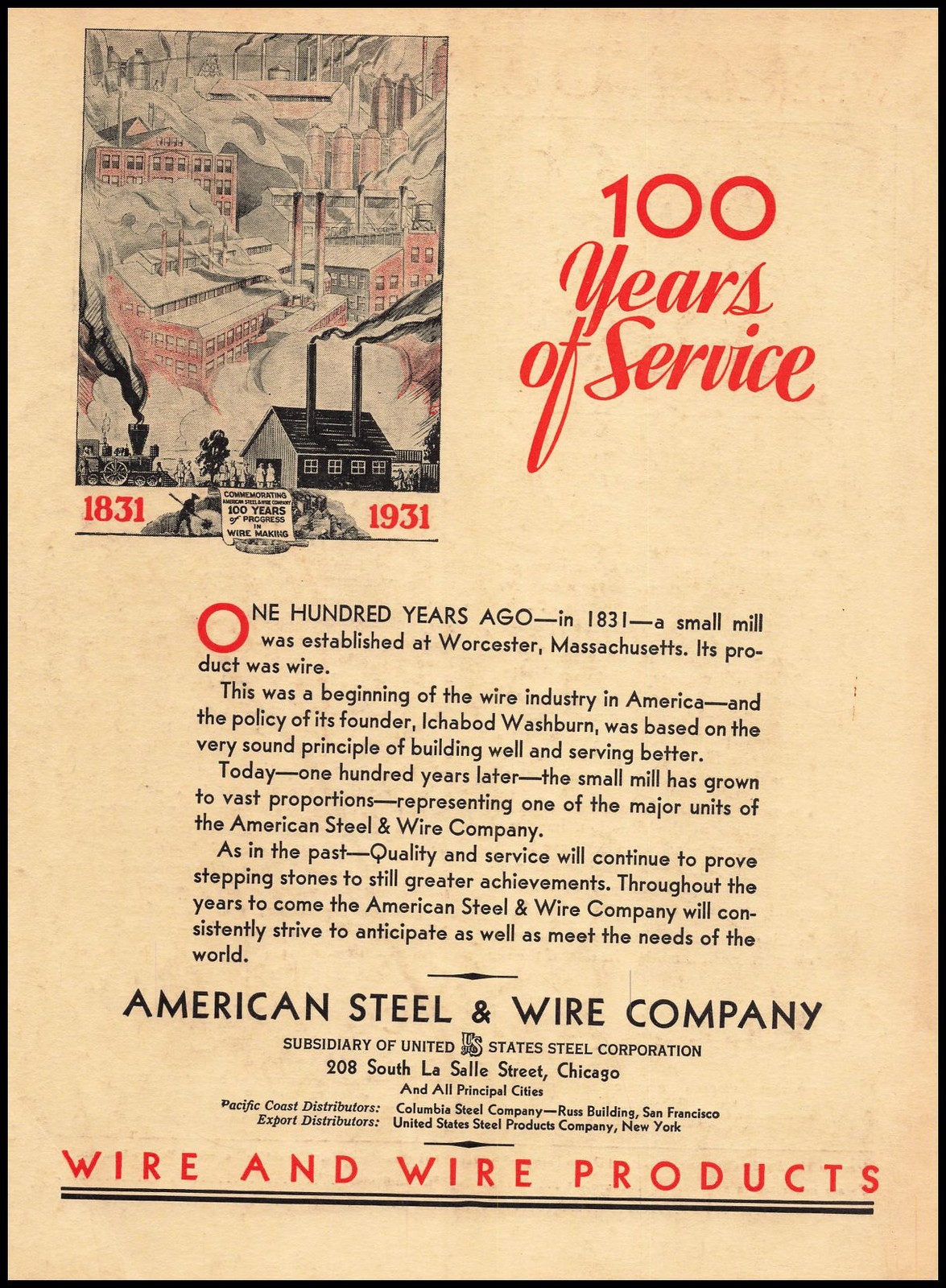 1931 American Steel & Wire Company Chicago 100 Years Of Service Vintage Print Ad