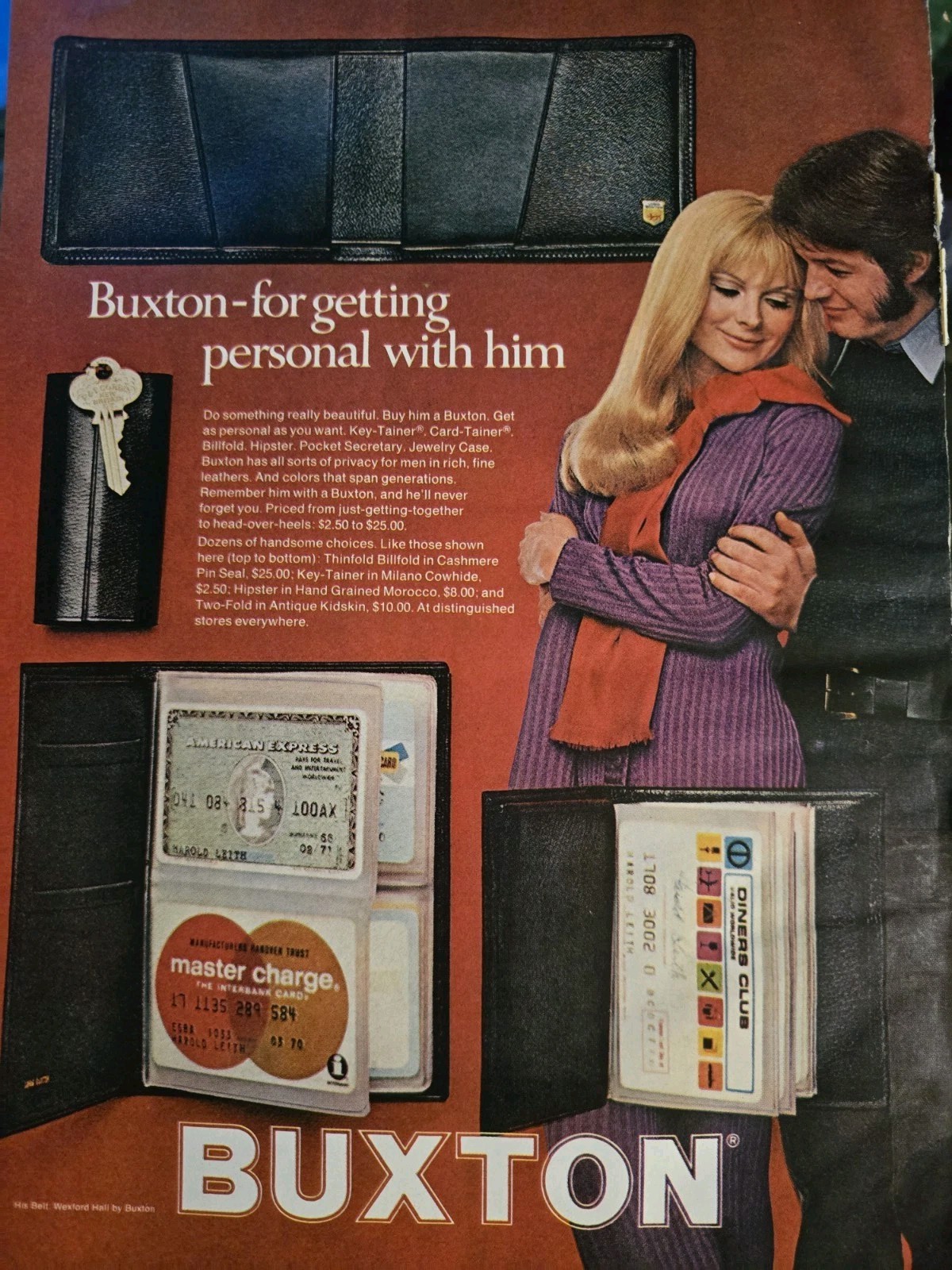 1970 Man’s Buxton wallet billfold Master Charge card Vintage ad