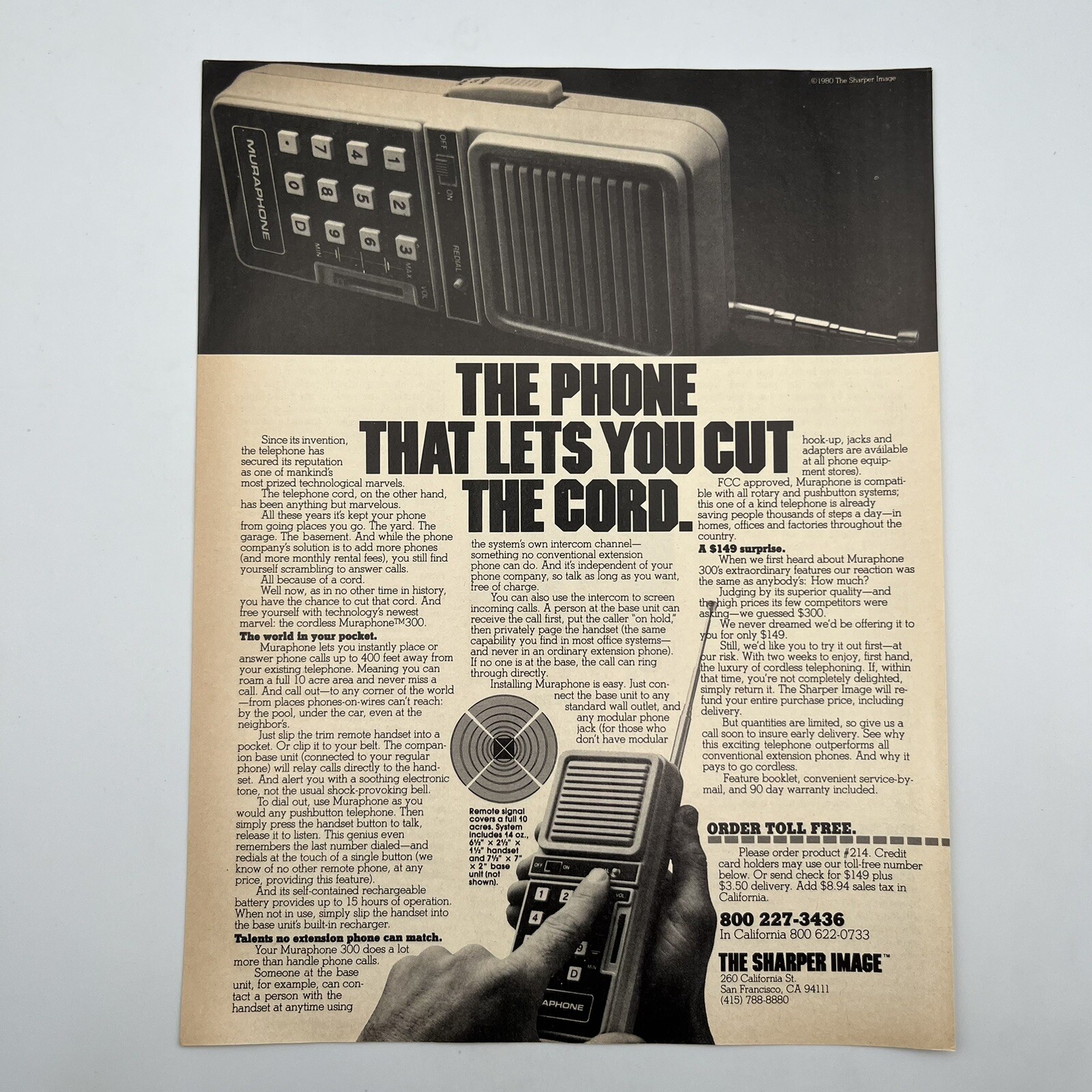 The Sharper Image Muraphone 300 Mobile Phone 1980 Vtg Print Ad 8″x10.5″ AD ONLY