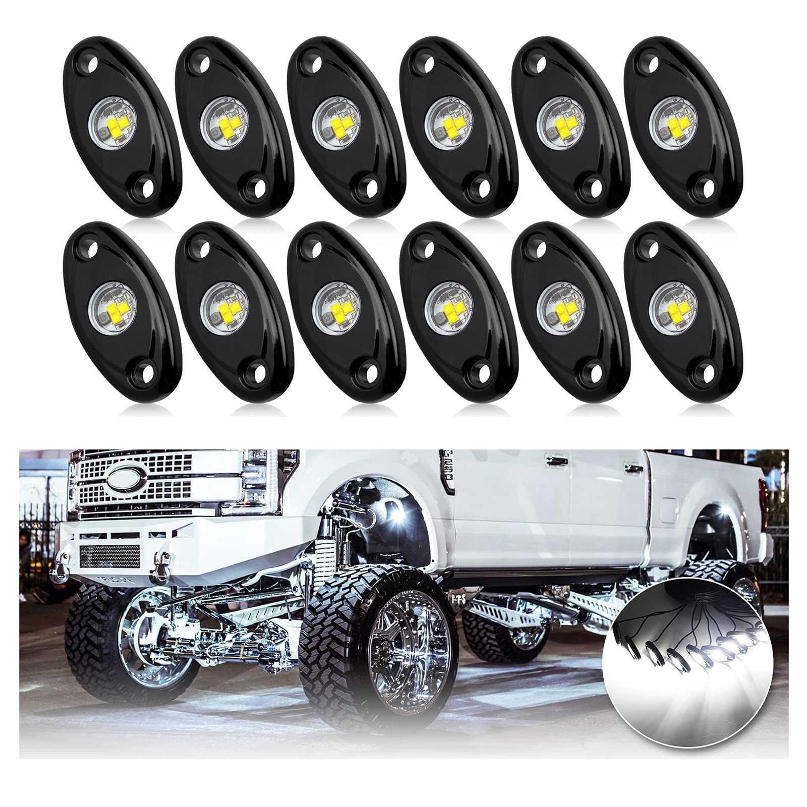 OPP ULITE White LED Rock Lights Kit, 12 Pods Underglow for Jeep Offroad Truck…