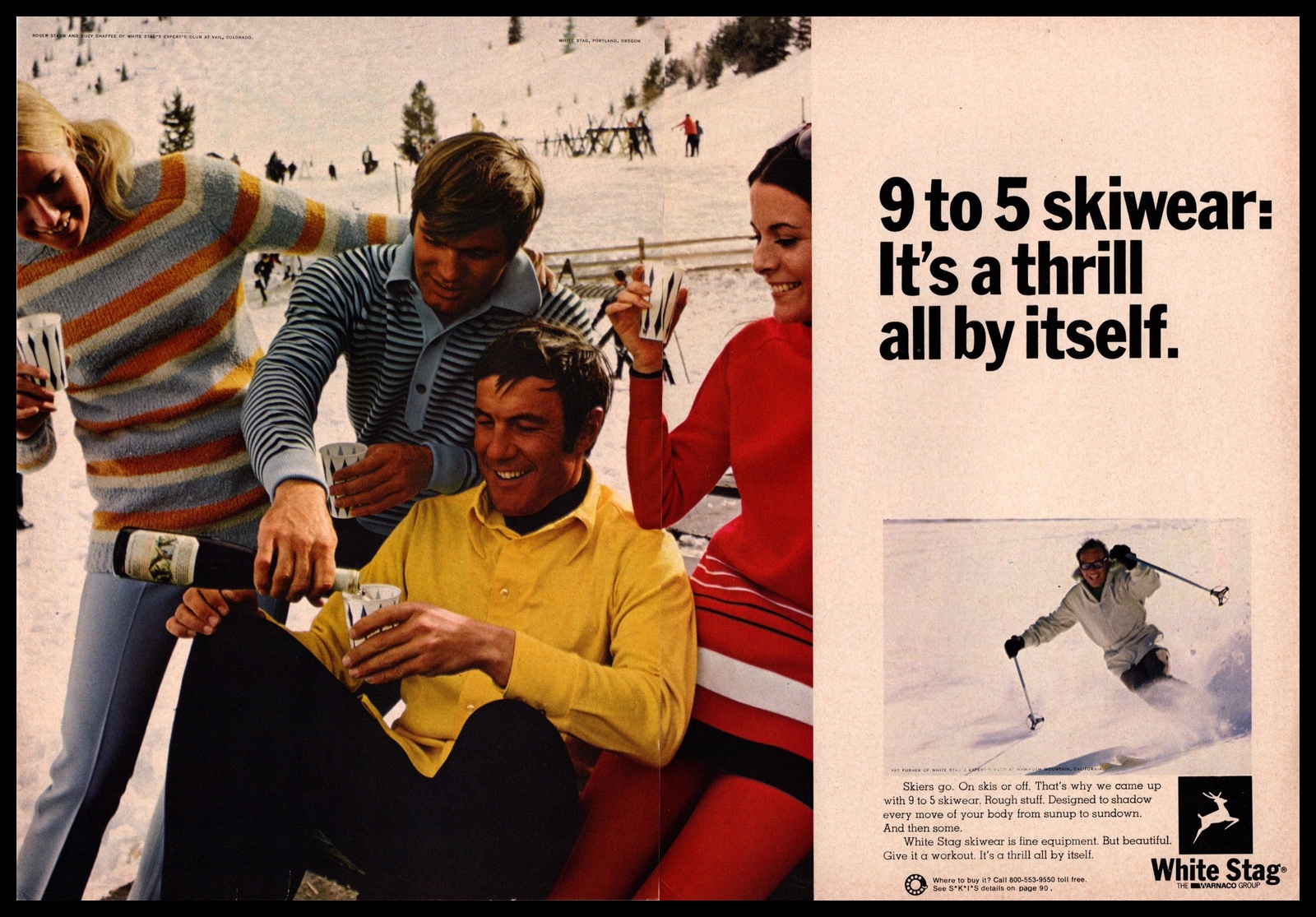 1969 White Stag Snow Ski Fashion Friends Wine Drinking Photo 2-Page Print Ad