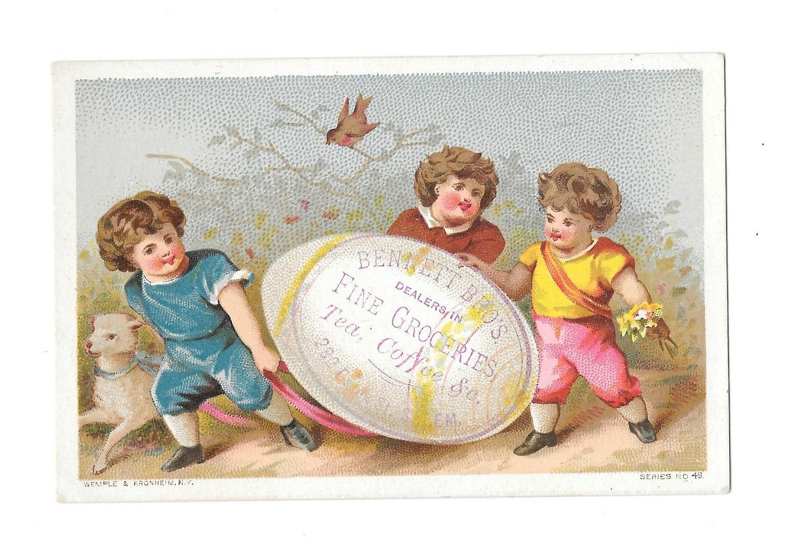Vintage Trade Card BENNETT BROS Fine Groceries Salem MA boys with giant egg