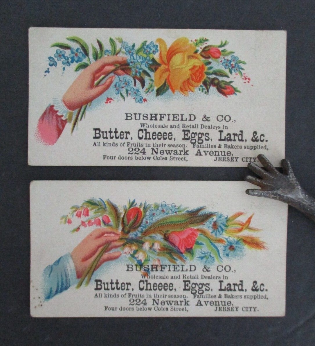 Lot of 2 Victorian Trade Cards, BUSHFIELD & CO., Jersey City, NJ, Butter, Eggs +