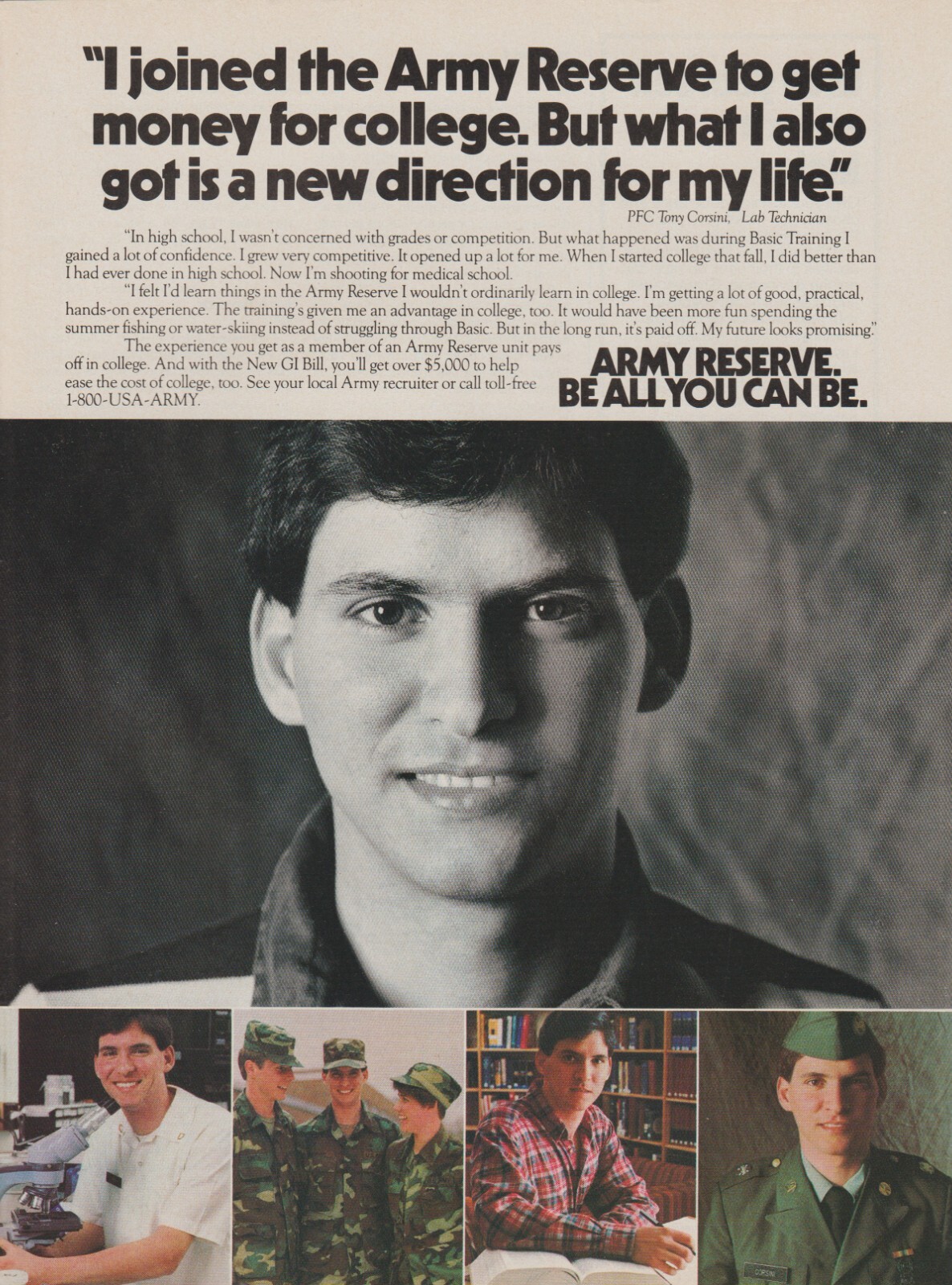 1986 U.S. Army Reserve – “PFC Tony Corsini, Lab Technician” – Print Ad Photo