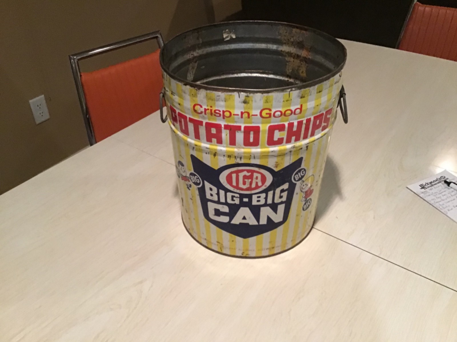 Vintage IGA BIG-BIG CAN Potato Chips Large Tin Canister w/ Handles NO LID