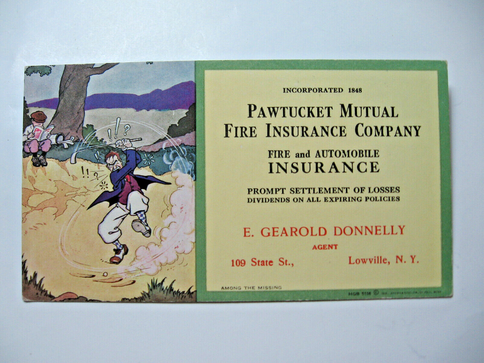 1920’s era Pawtucket Fire Ins. Co. Blotter w/Lowville, N.Y. Agent Imprint (No.1)