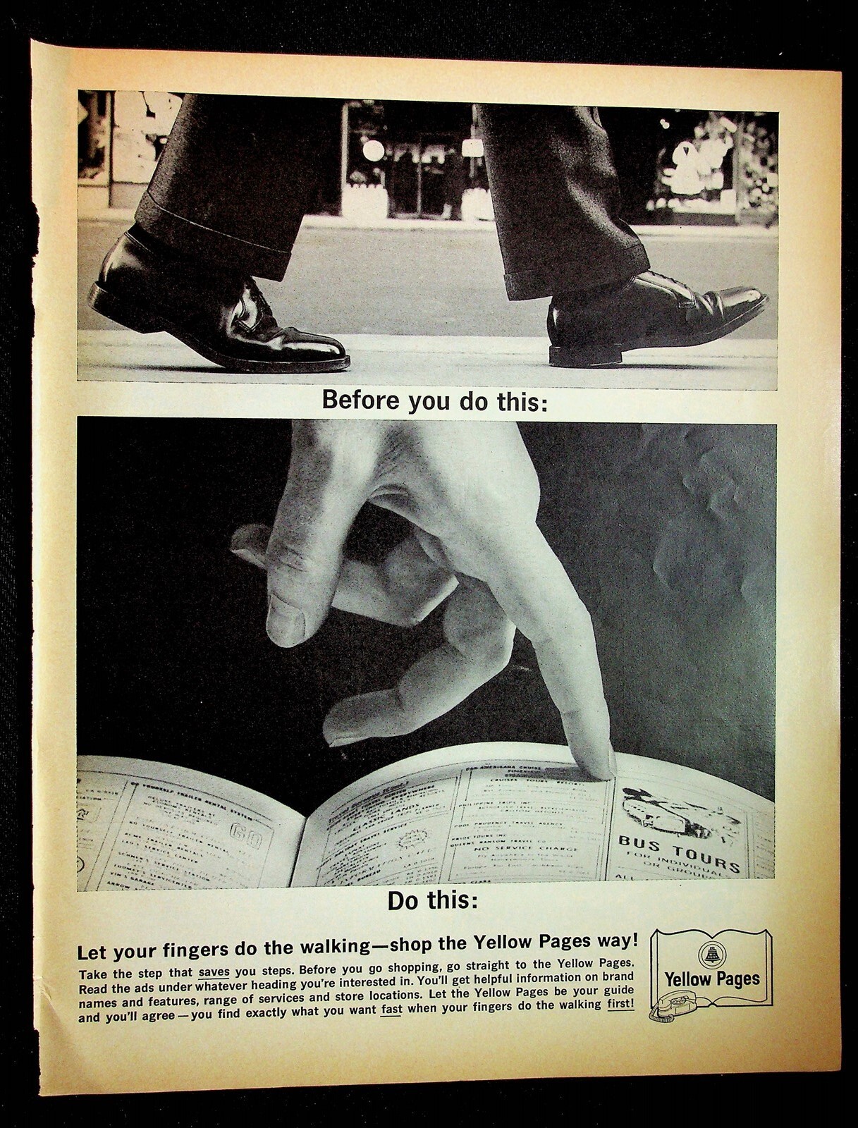 Yellow Pages Let Your Fingers Do The Walking, Shoes, 1962 Look VTG Print Ad