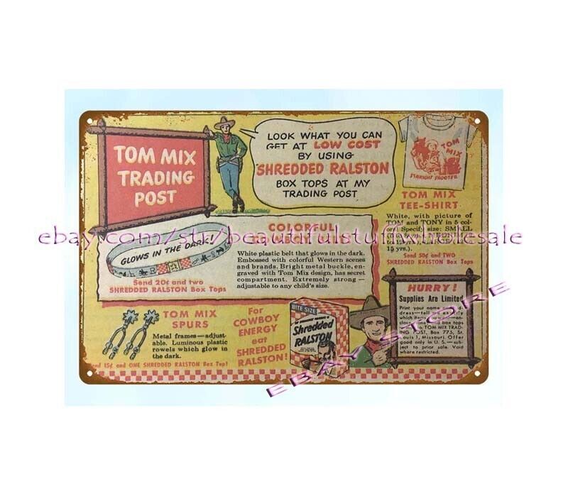 wall decor 1950 TOM MIX Trading cereal ad cowboy belt metal tin sign
