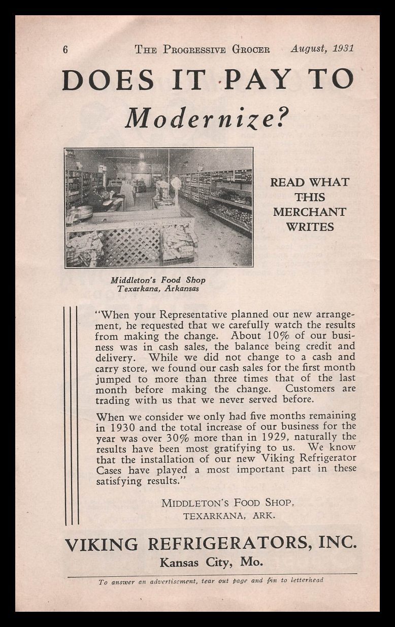 1931 Middleton’s Grocery Photo Texarkana Arkansas Viking Refrigerators Print Ad