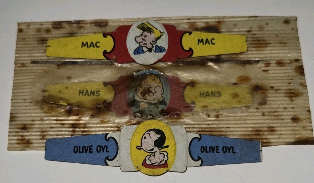 Vintage 1949 Post’s Toasties Corn Flakes Olive Oyl, Hans, & Mac Tin Litho Ring