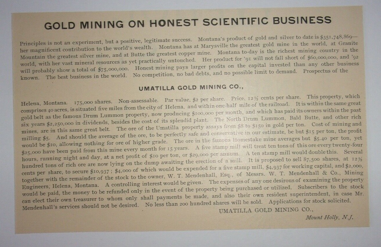 1891 Umatilla Gold Mining Co. Advertisement Mount Holly, New Jersey